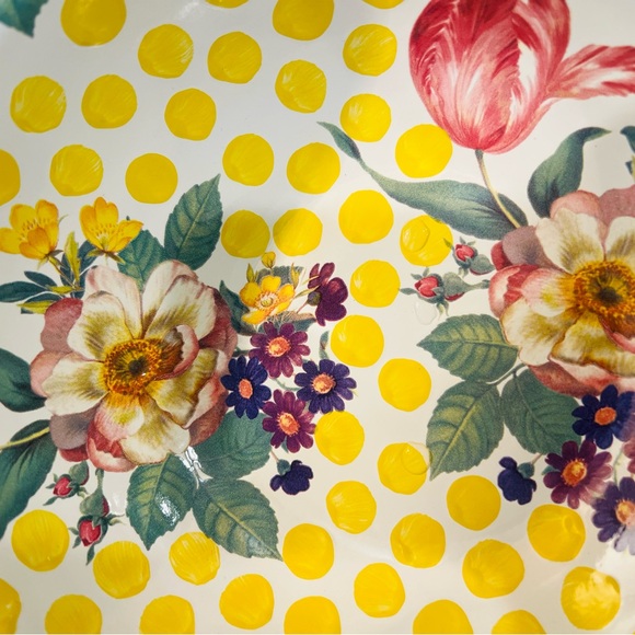 Mackenzie Childs Large Serving Bowl Buttercup Yellow Dots Pink Floral Retired - Picture 3 of 5